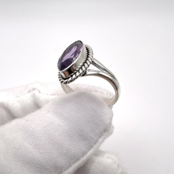 Genuine Faceted Marquise Amethyst .925 Sterling Silver Ring - Picture 14 of 17